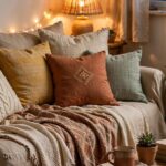 A cozy living room styled on a budget with layered textiles and warm lighting