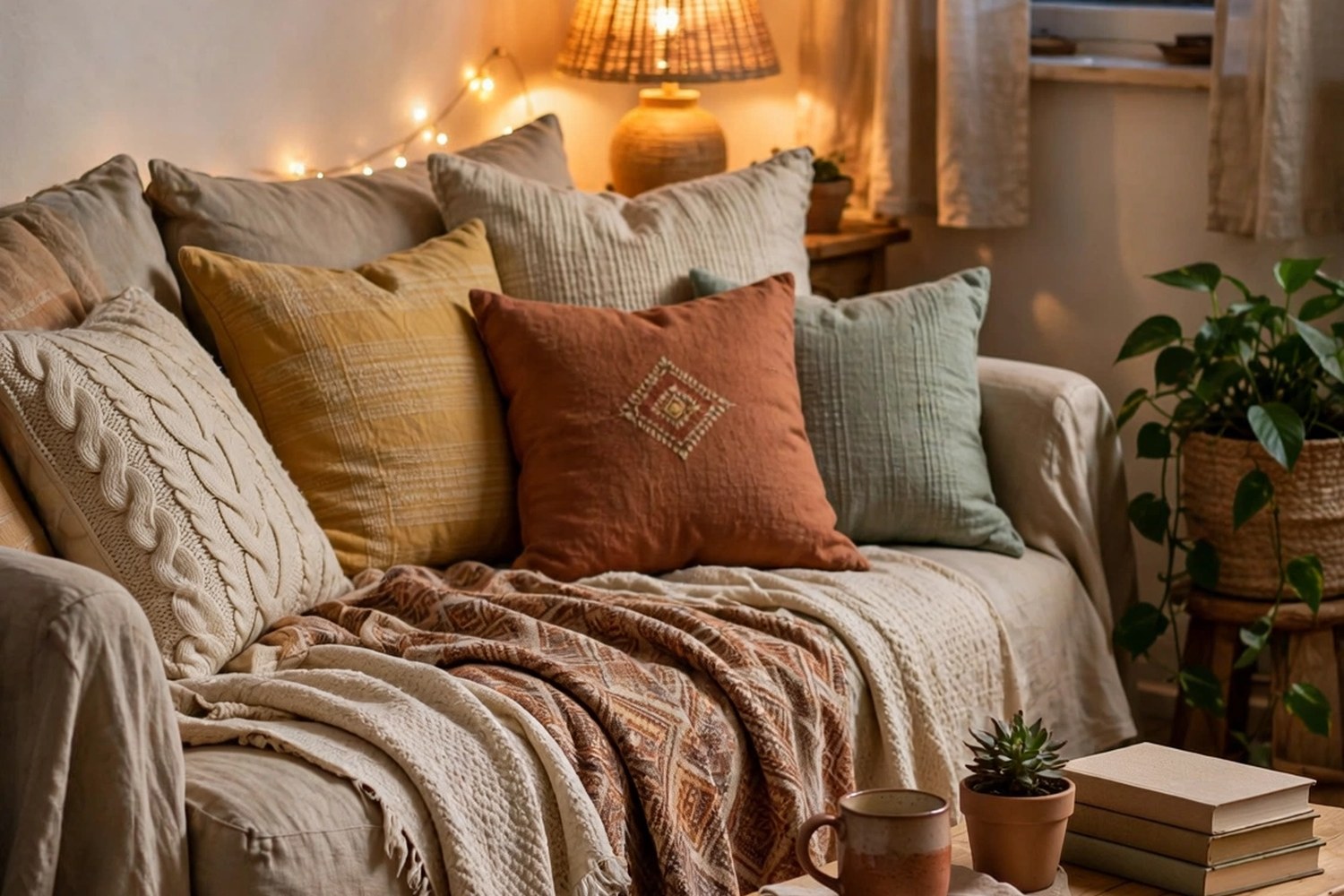 A cozy living room styled on a budget with layered textiles and warm lighting