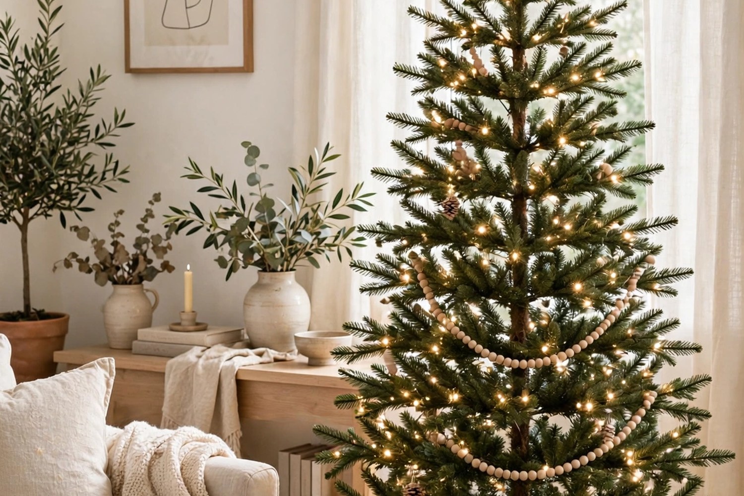 Simple Christmas tree with warm white lights in a bright cozy living room