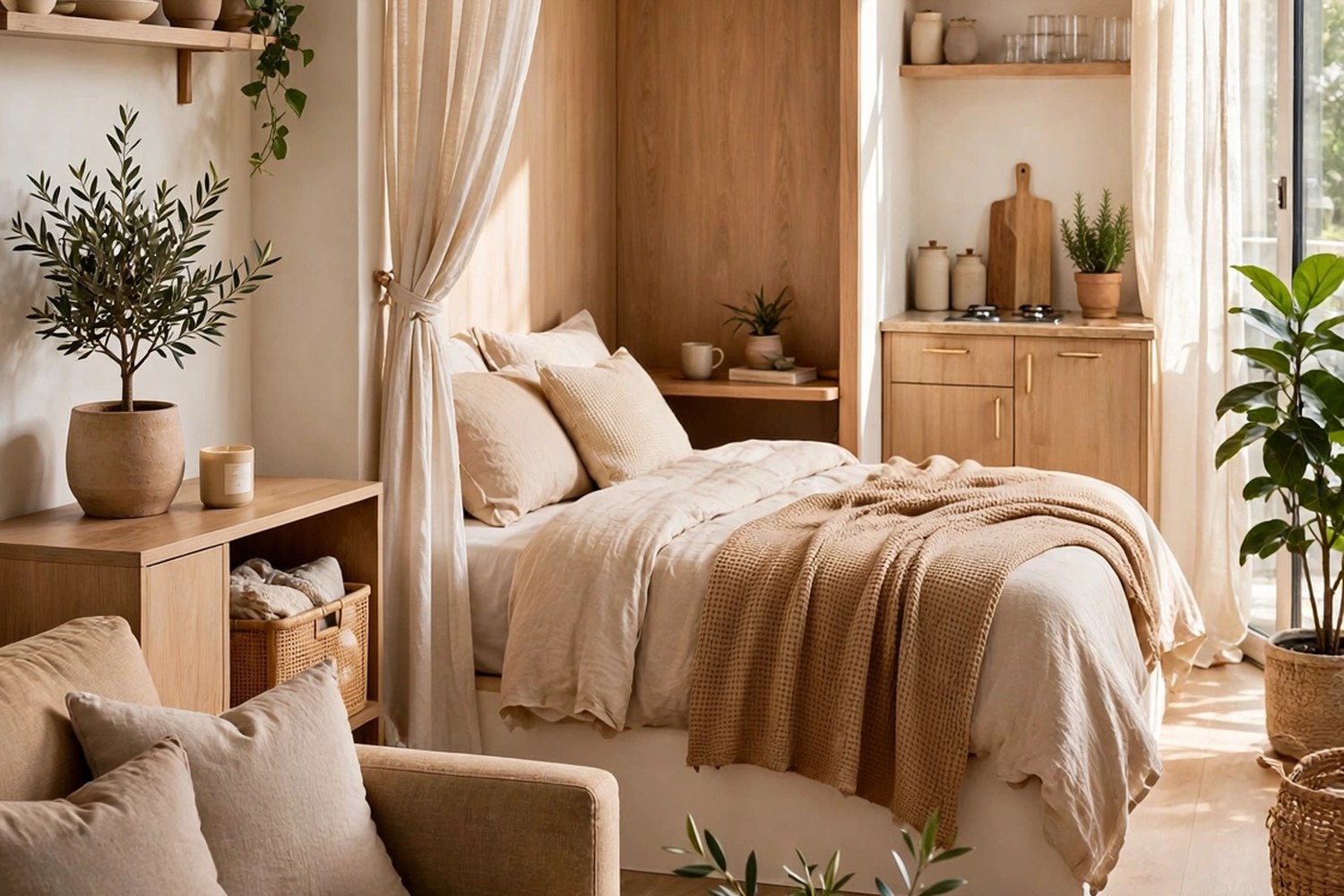 Bright studio apartment with a living area and bed nook in one open room