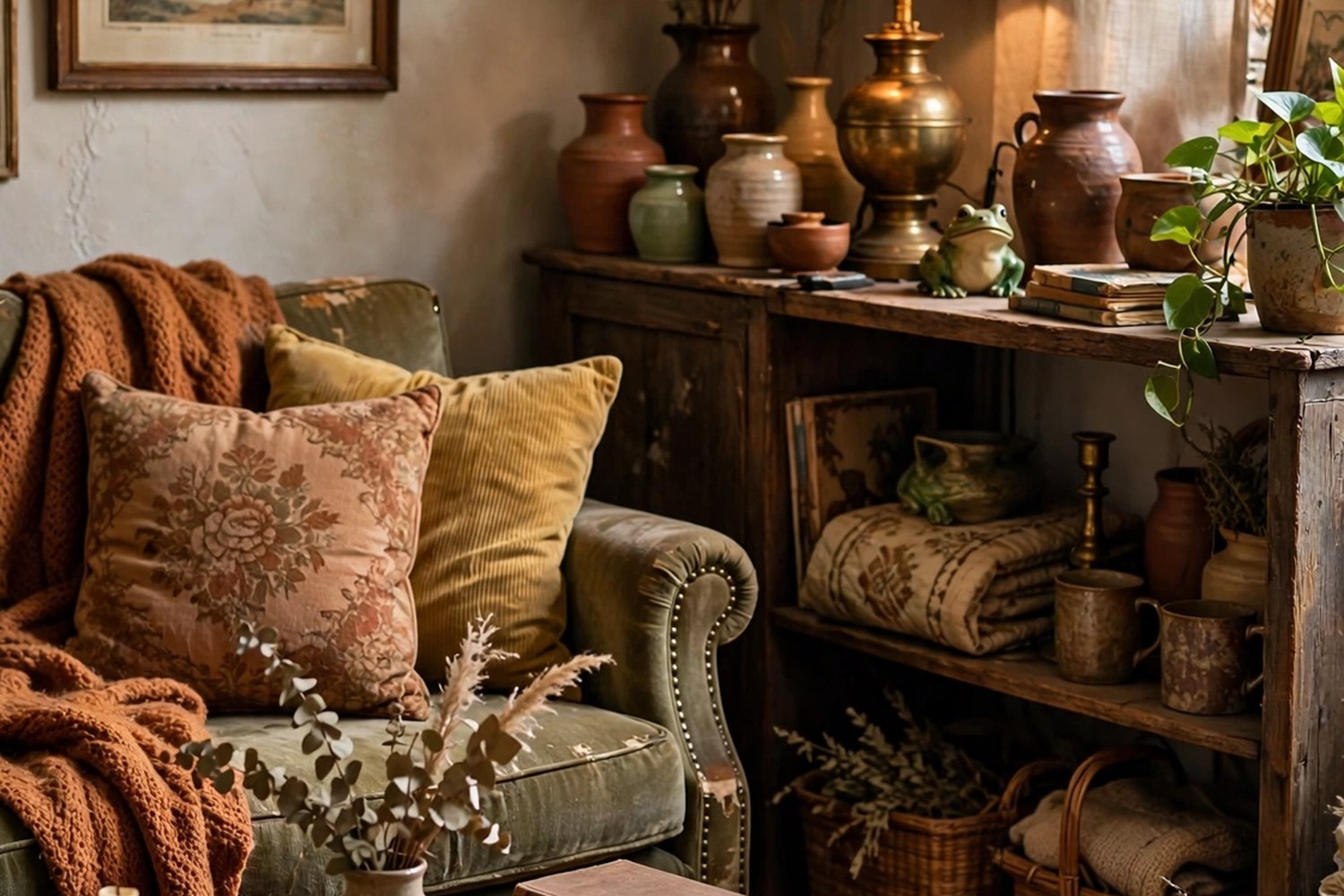 Cozy living room styled with vintage and secondhand decor finds