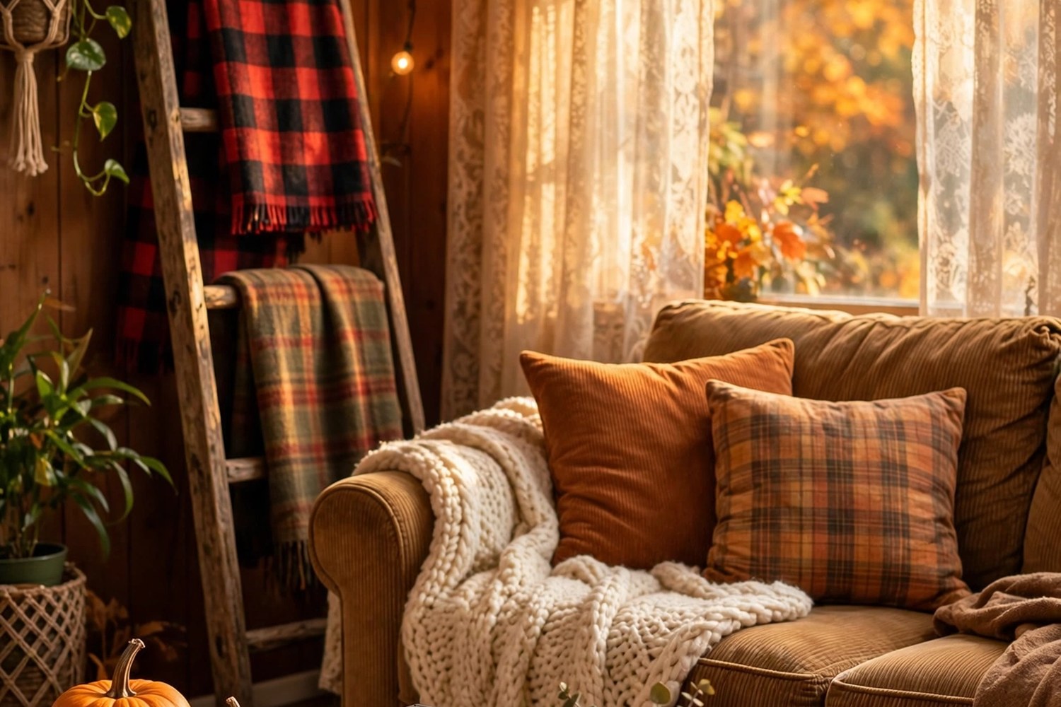 Cozy 90s fall living room with flannel blankets on a wooden ladder, plaid pillows, pumpkins and warm string lights