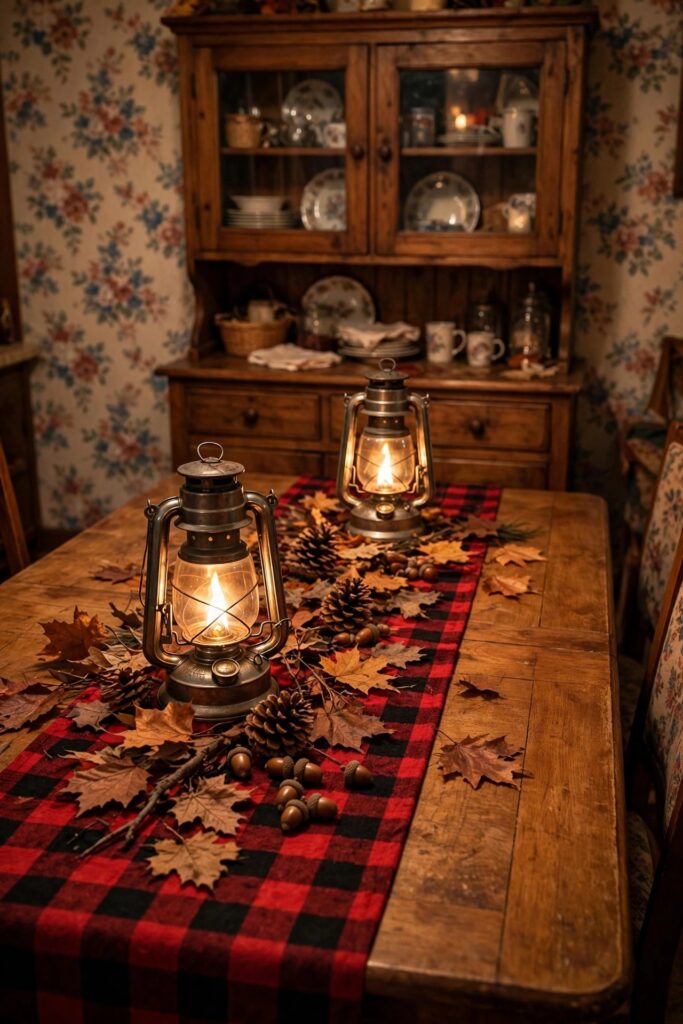 Dining table with a red and black plaid runner, lanterns, autumn leaves and pinecones