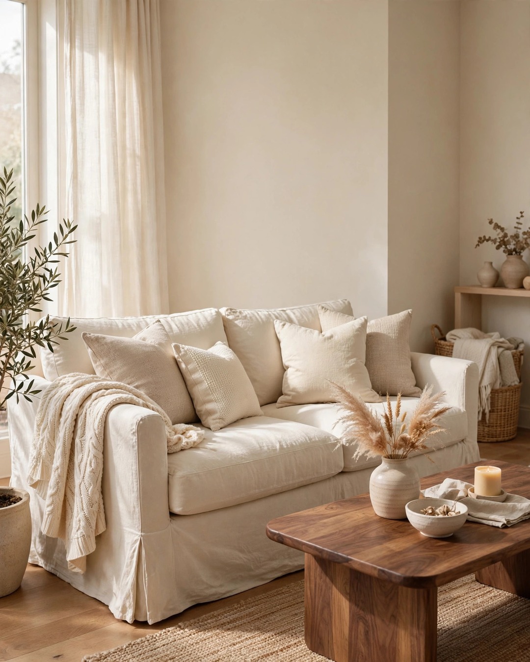 Ivory slipcovered linen sofa with oatmeal pillows and a cream knit throw in a cozy beige living room
