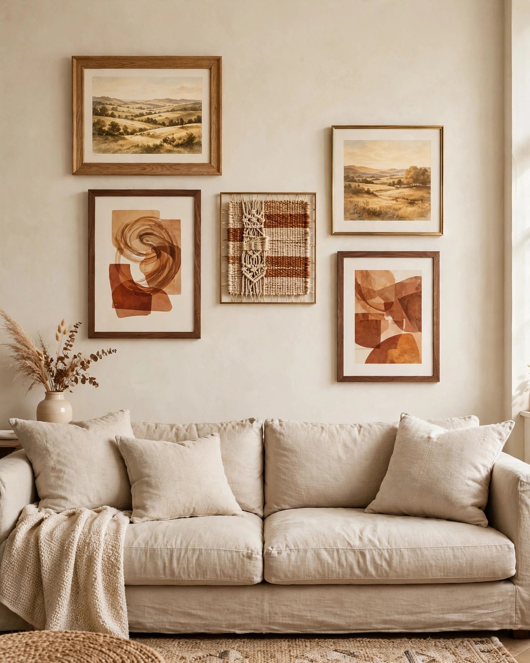 Gallery wall in oak, walnut and brass frames above a beige linen sofa
