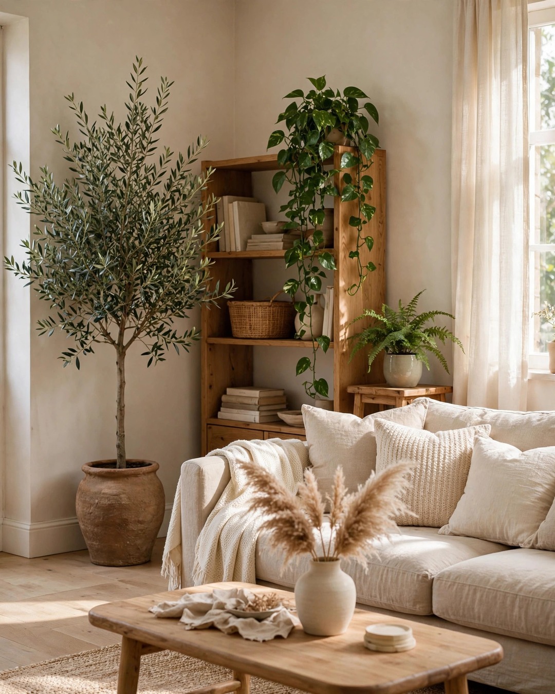 Beige living room with an olive tree, trailing pothos and dried pampas grass
