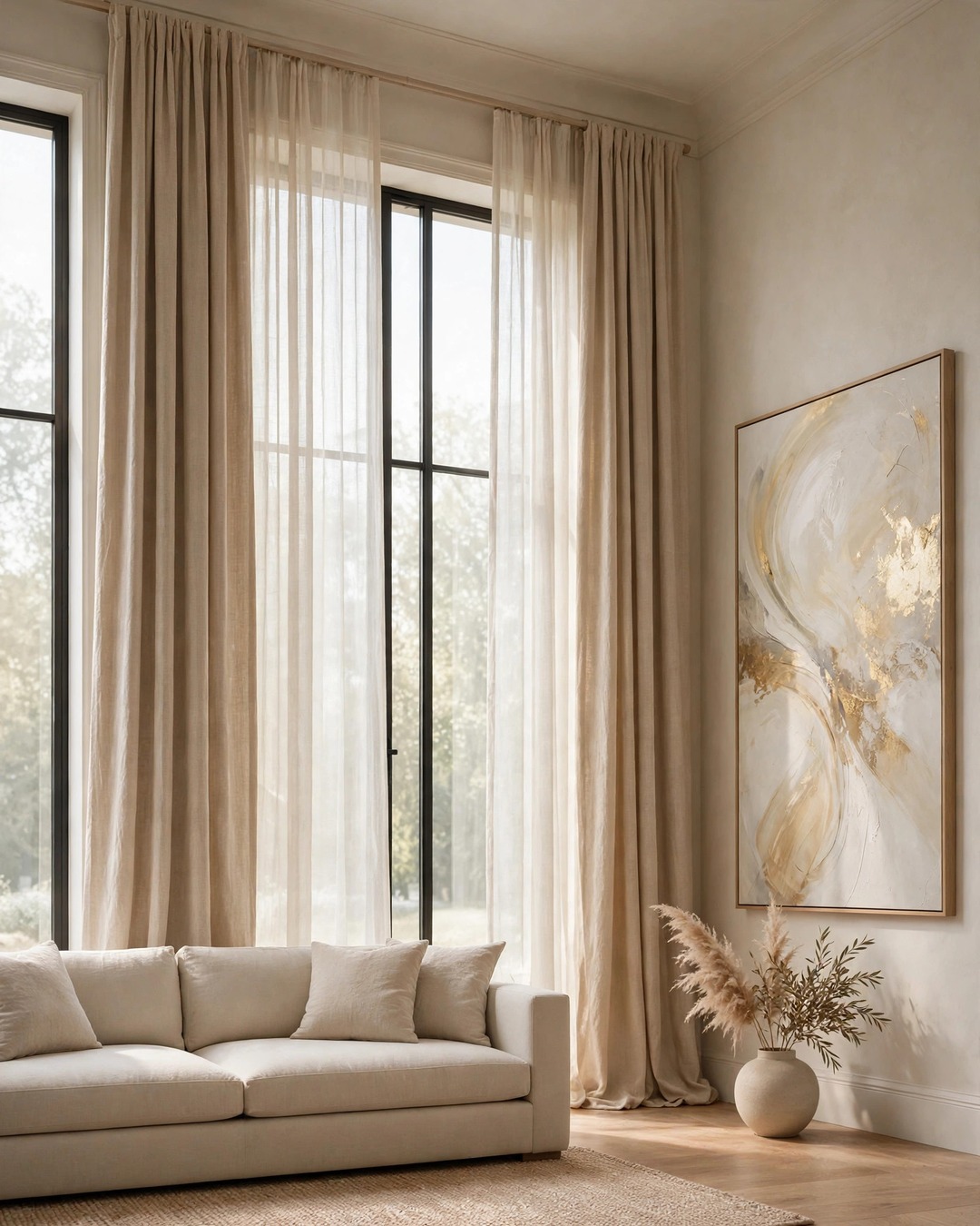 Floor-to-ceiling warm beige linen curtains with sheer panels over tall living room windows