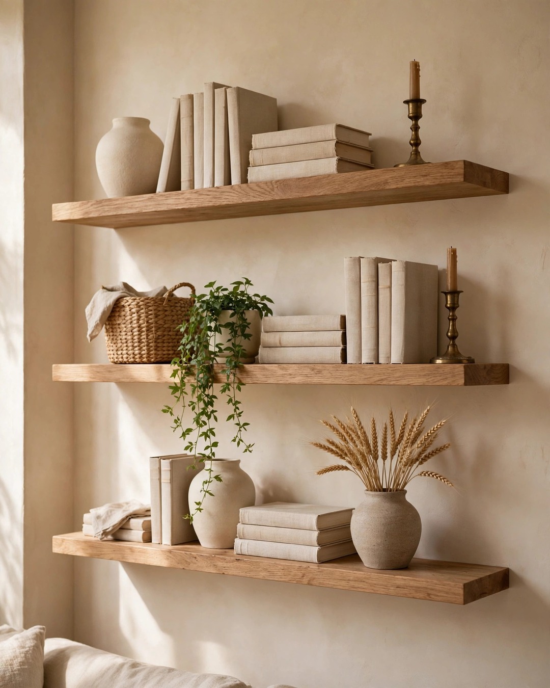 Open wooden shelves styled with cream ceramics, linen books, brass and dried stems
