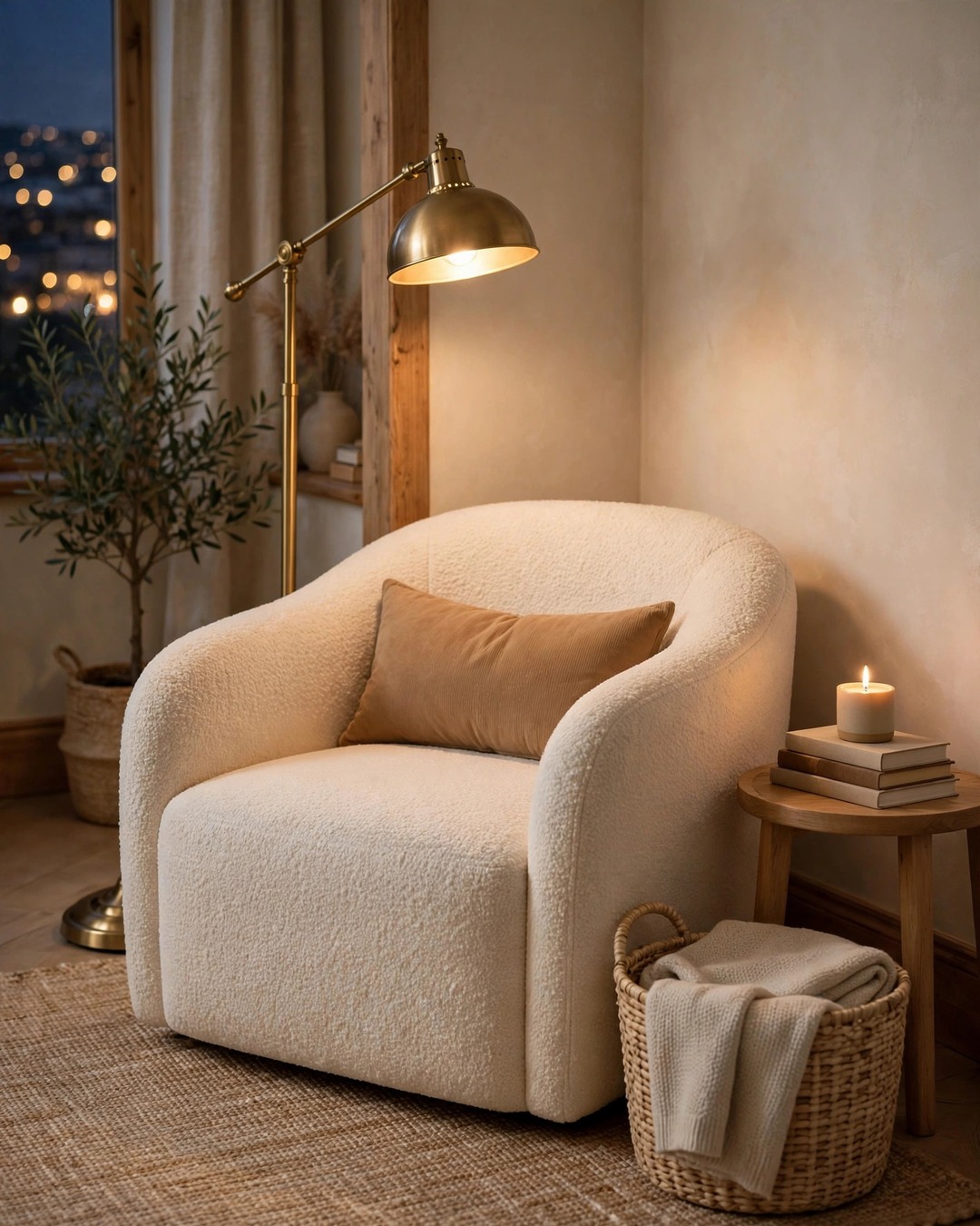Cream boucle reading chair with brass floor lamp, books and candle in a cozy corner nook