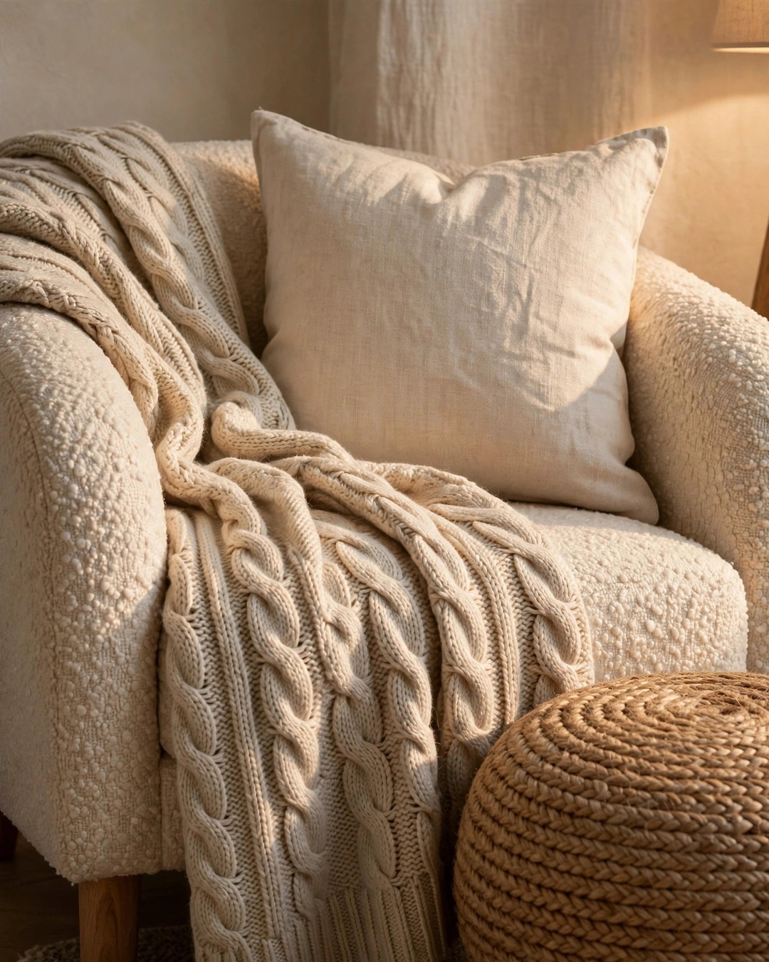 Close-up of layered textures in a beige living room: boucle armchair, chunky knit throw, linen cushion and jute pouf