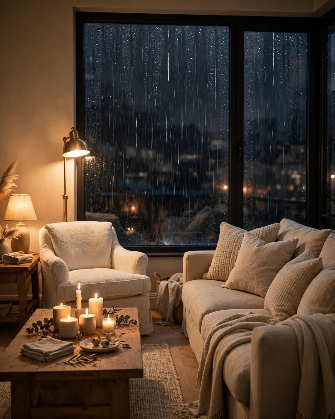 Beige living room glowing with warm lamps and candles on a rainy night