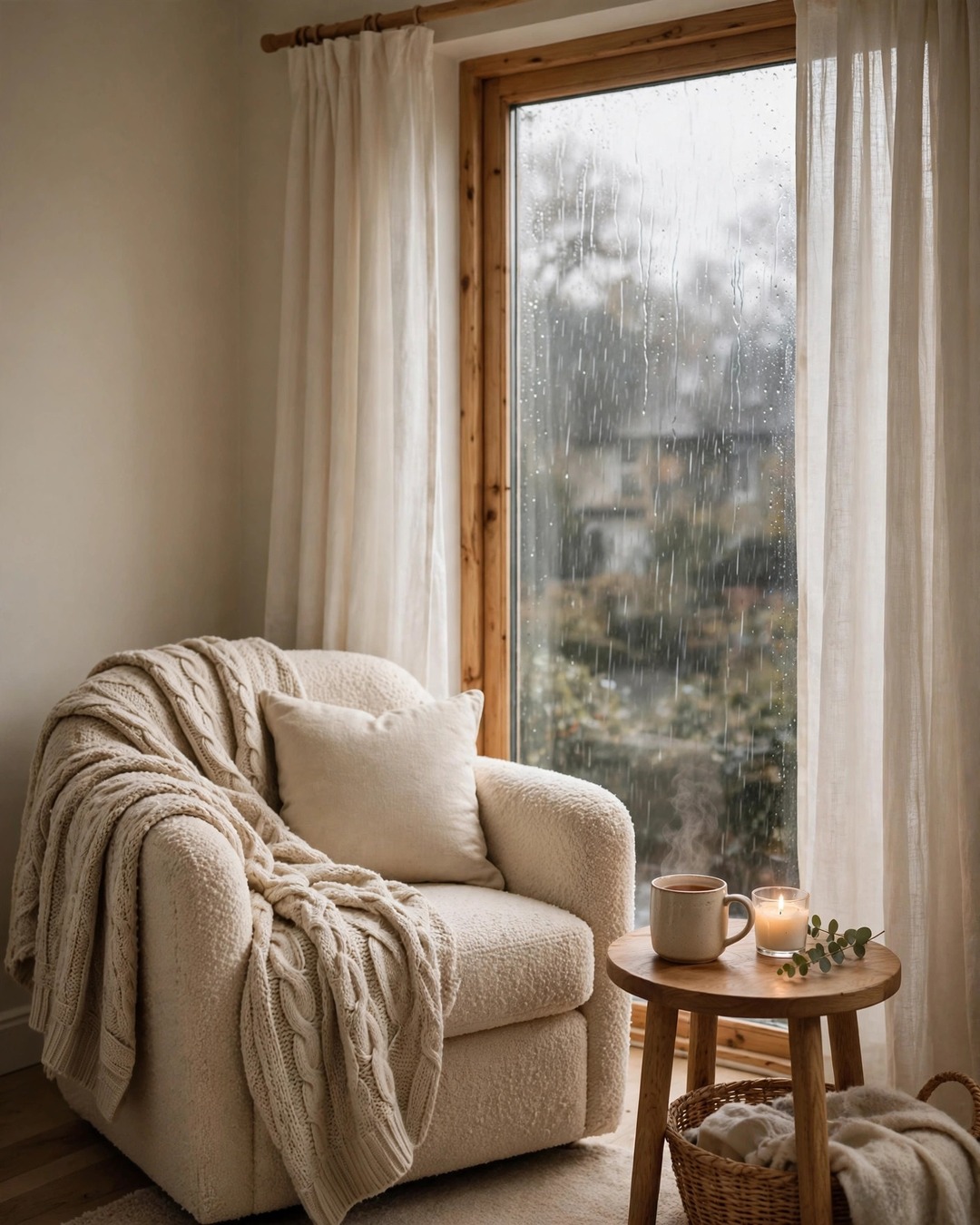 Cream boucle armchair in a window reading nook with sheer curtains, tea and a lit candle on a rainy day