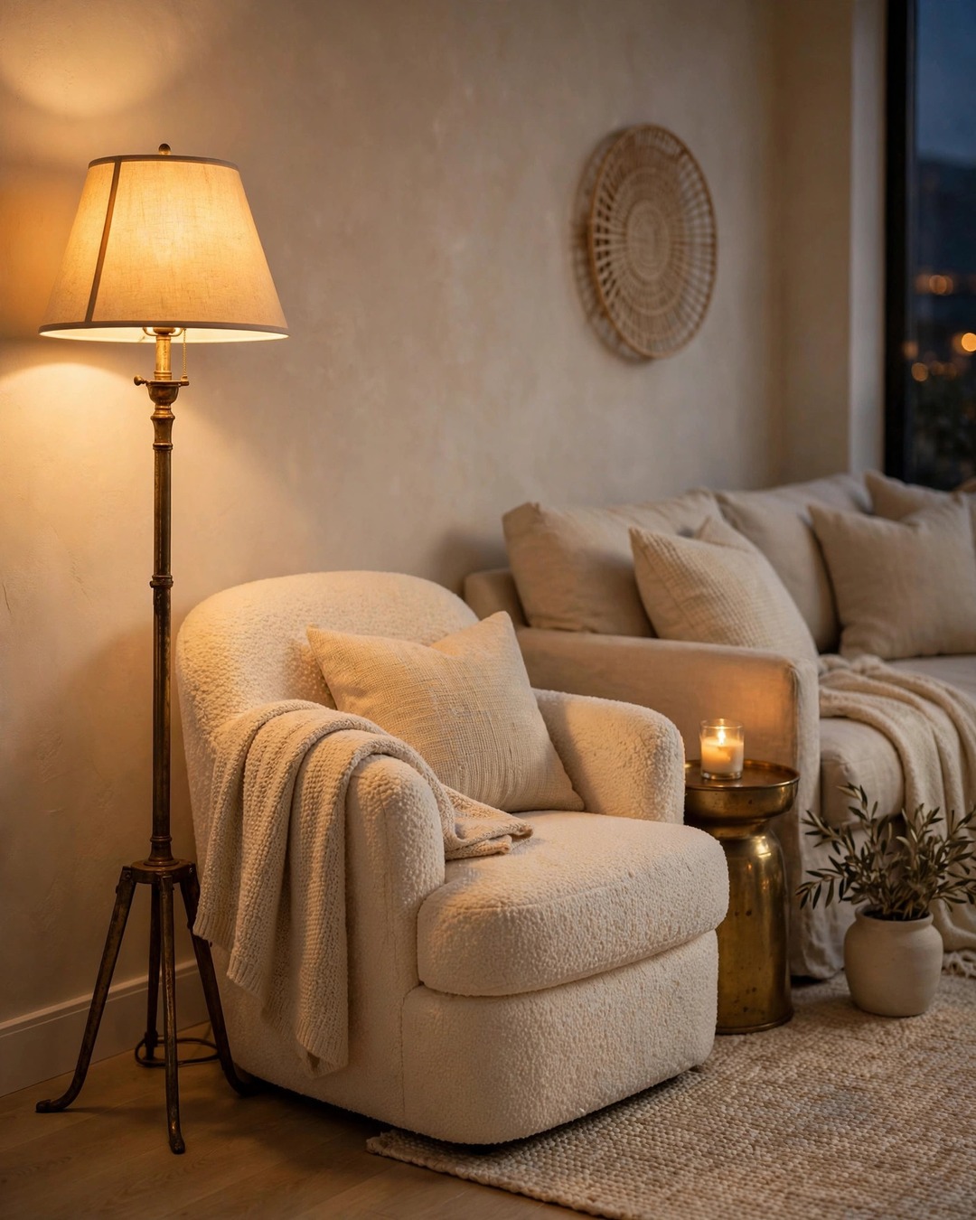 Aged brass floor lamp glowing beside a cream boucle armchair in a beige living room