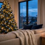 Living room at dusk with a Christmas tree in navy, dusty and icy blue ornaments, a cream knit throw and navy velvet cushions
