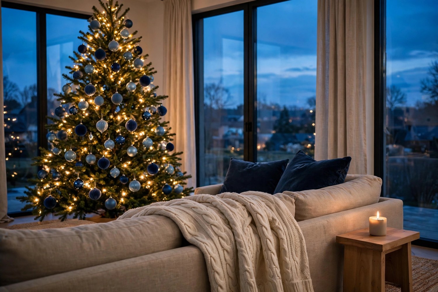 Living room at dusk with a Christmas tree in navy, dusty and icy blue ornaments, a cream knit throw and navy velvet cushions