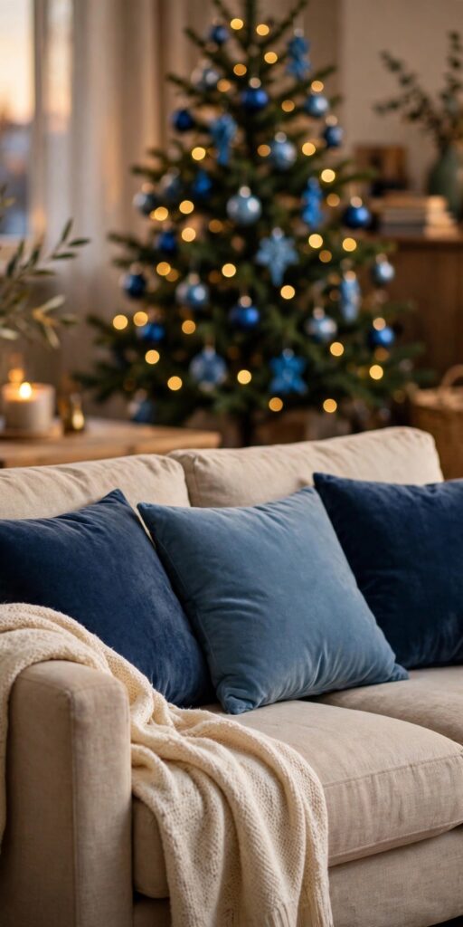 Beige sofa with a cream knit throw, navy velvet cushions and a dusty blue cushion with a blue Christmas tree behind