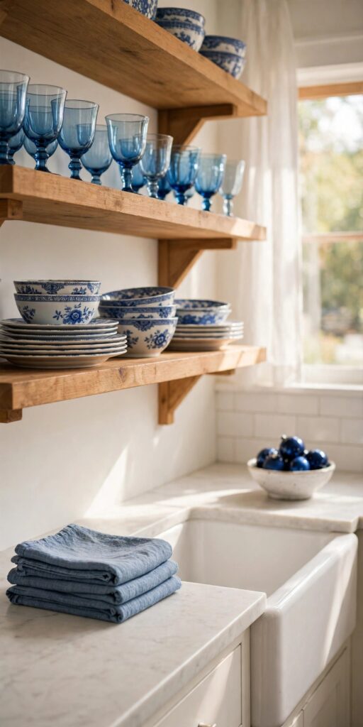 Kitchen open shelves with blue glass goblets and blue and white dishes, chambray towels and a bowl of navy ornaments