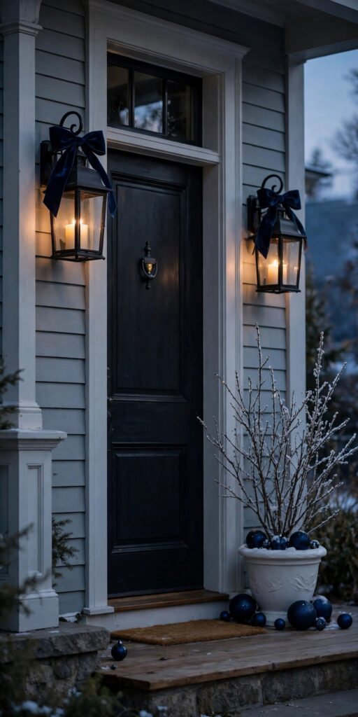 Porch lanterns with navy velvet bows and lit candles flanking a door, with a white planter of snowy branches and navy ornaments