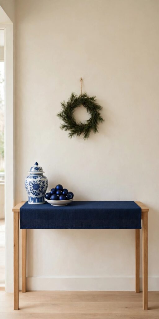 Entryway console table with a navy runner, a chinoiserie ginger jar and a bowl of navy ornaments under a small pine wreath