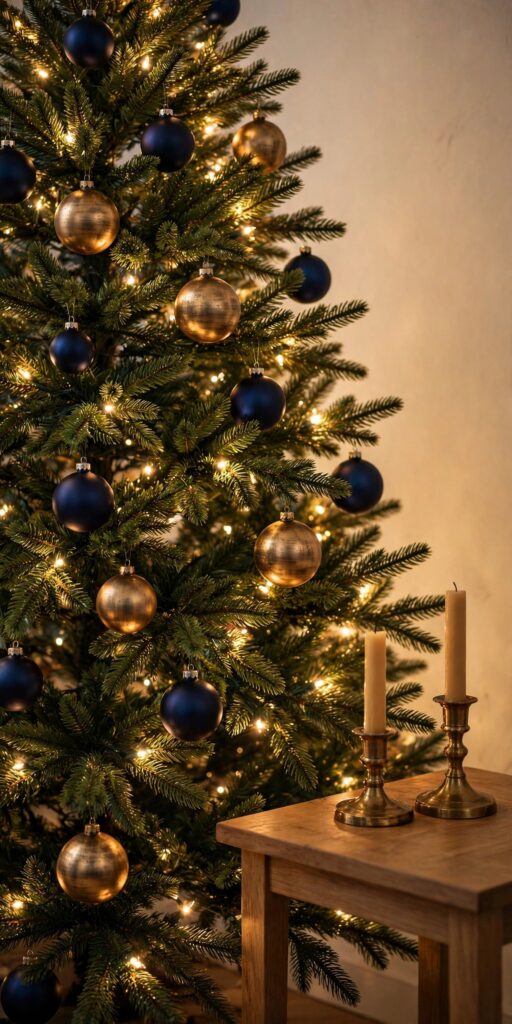 Close-up of navy blue and brushed antique gold ornaments on a Christmas tree beside brass candle holders