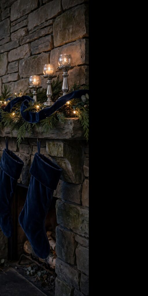 Stone fireplace mantel with navy velvet ribbon in the garland, silver candle holders and navy velvet stockings