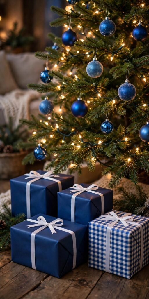 Presents wrapped in navy blue paper with white ribbon under a Christmas tree with blue ornaments