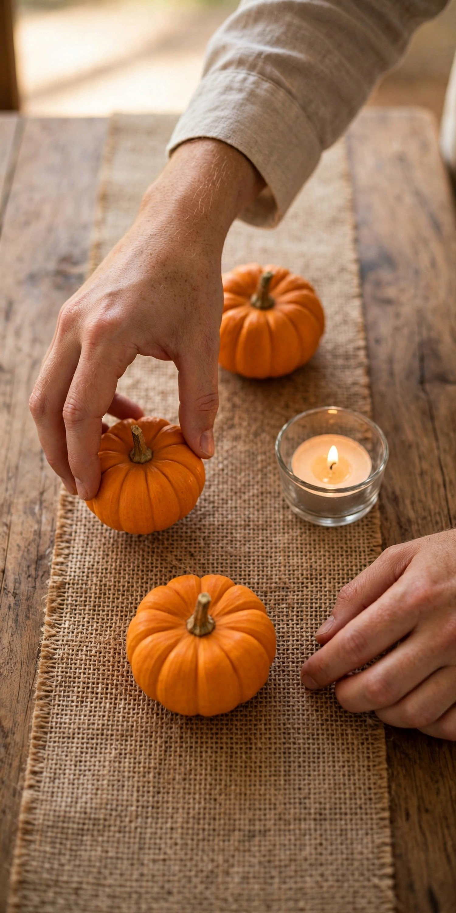 Hands arranging mini pumpkins and candles on a burlap runner