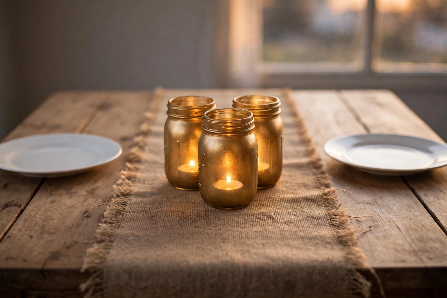 Budget Thanksgiving tablescape with burlap runner and mason jar candles