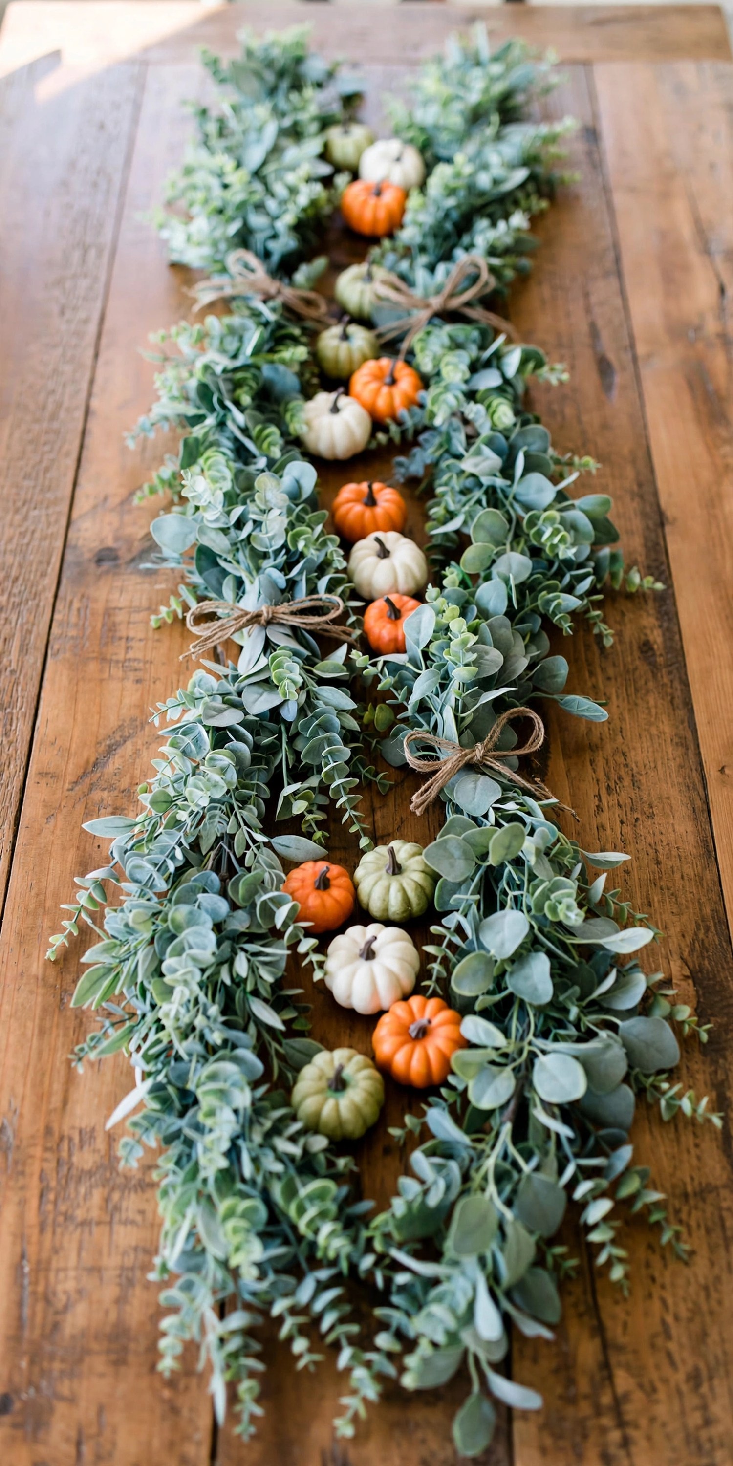 Faux greenery garland runner with foam pumpkins and twine bows