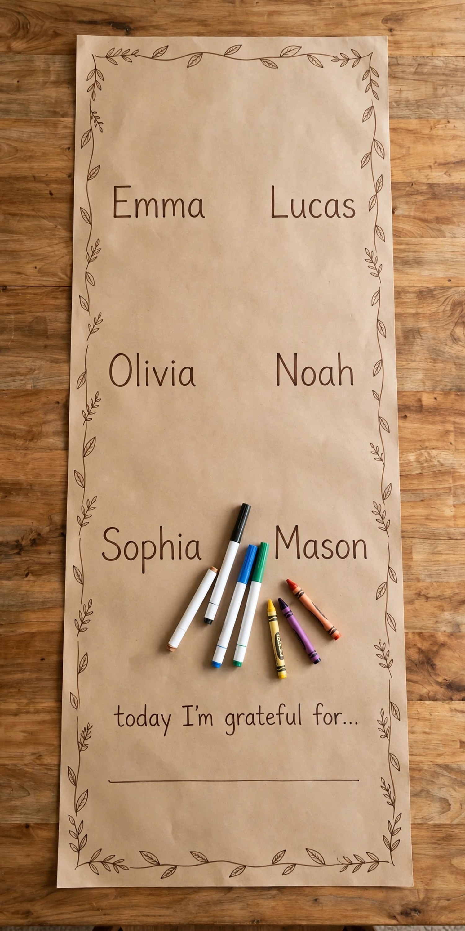 Kraft paper runner with hand-drawn borders and guest names