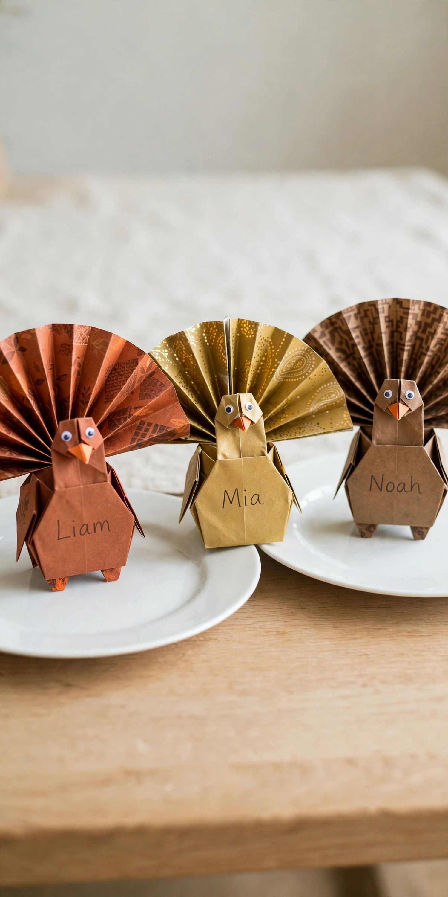 Origami turkeys folded from fall paper on dinner plates