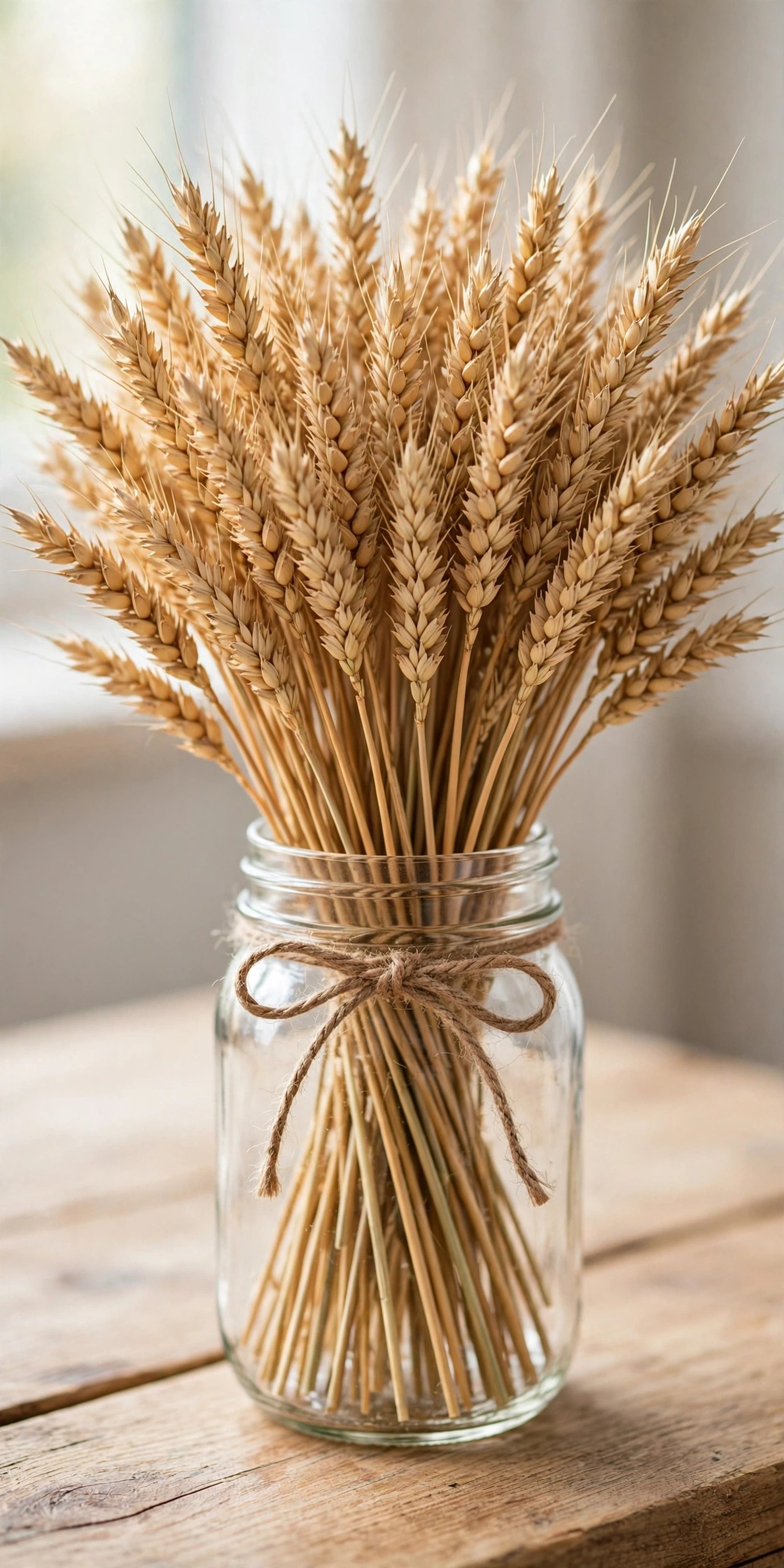 Dried wheat bundle in a mason jar tied with twine