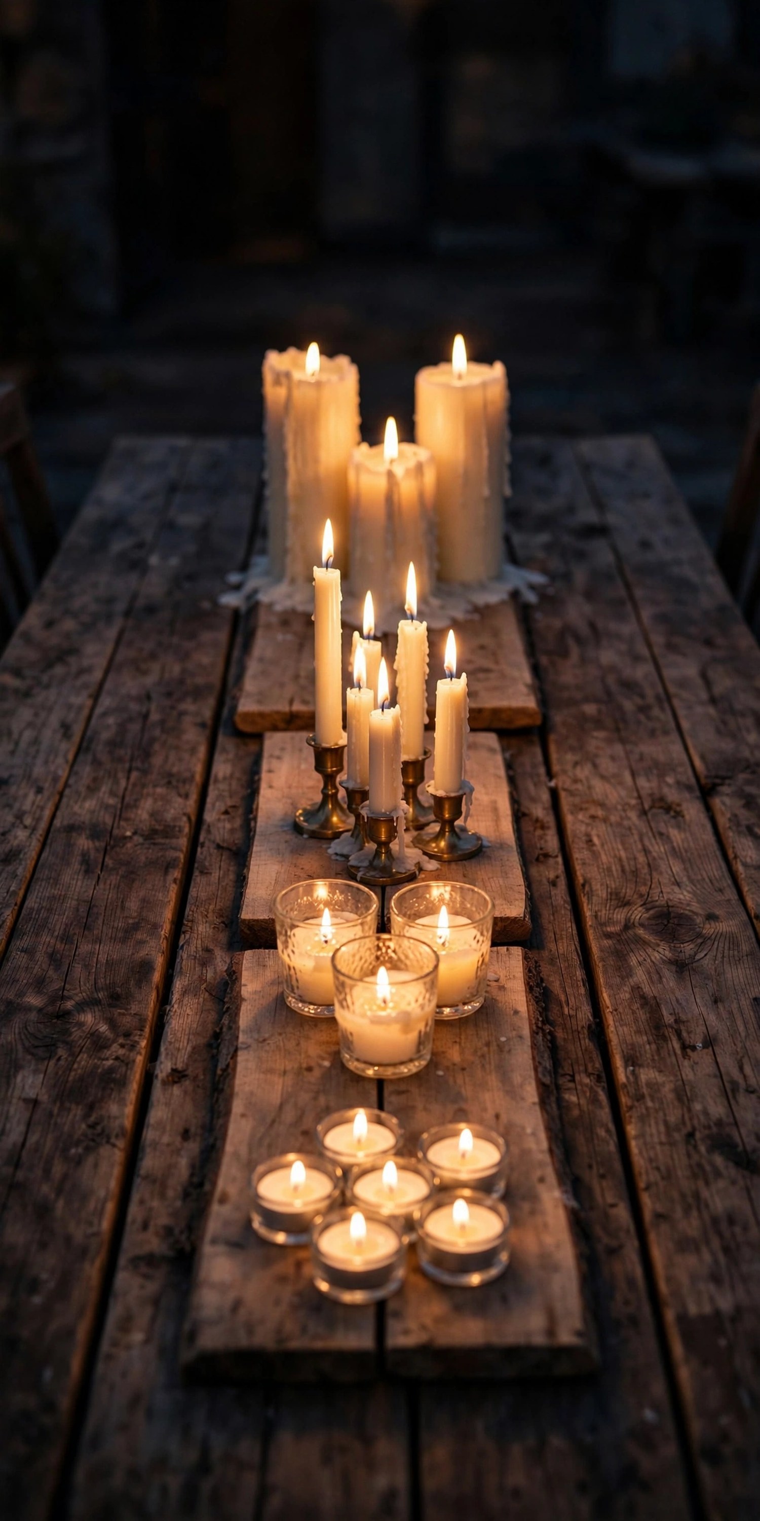 Thanksgiving table decorated only with lit candles in varying heights