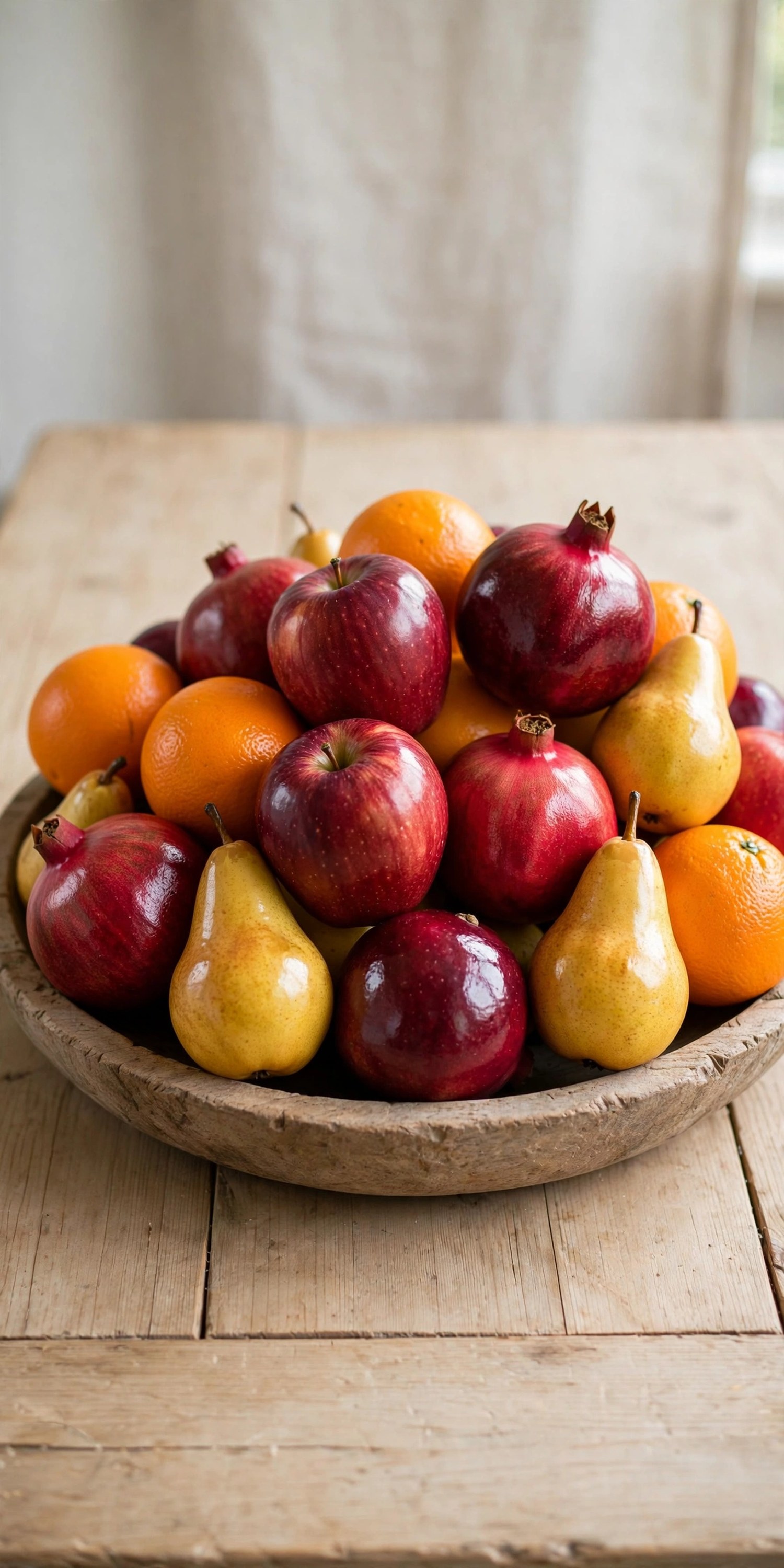 Wooden bowl of apples, pomegranates, and oranges as centerpiece