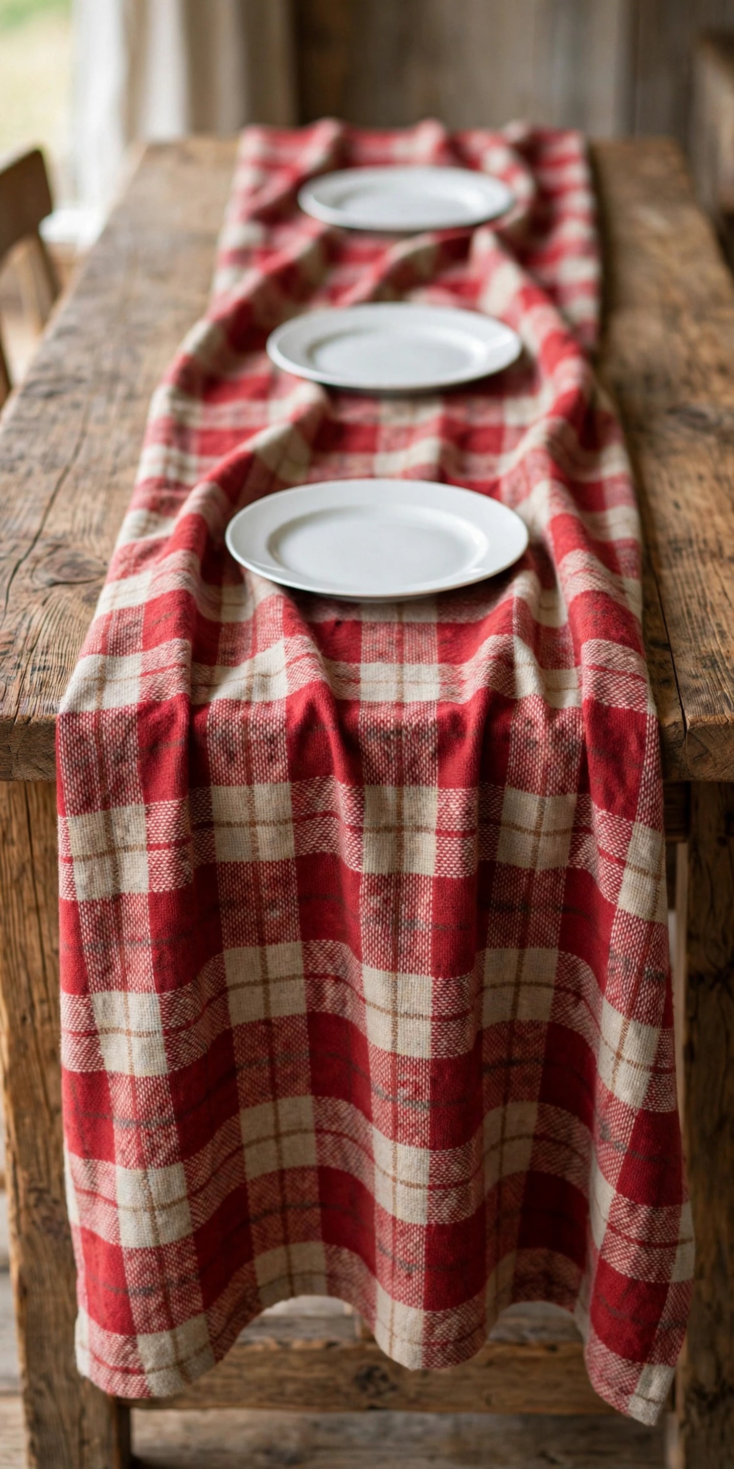 Plaid flannel throw used as a tablecloth with white plates