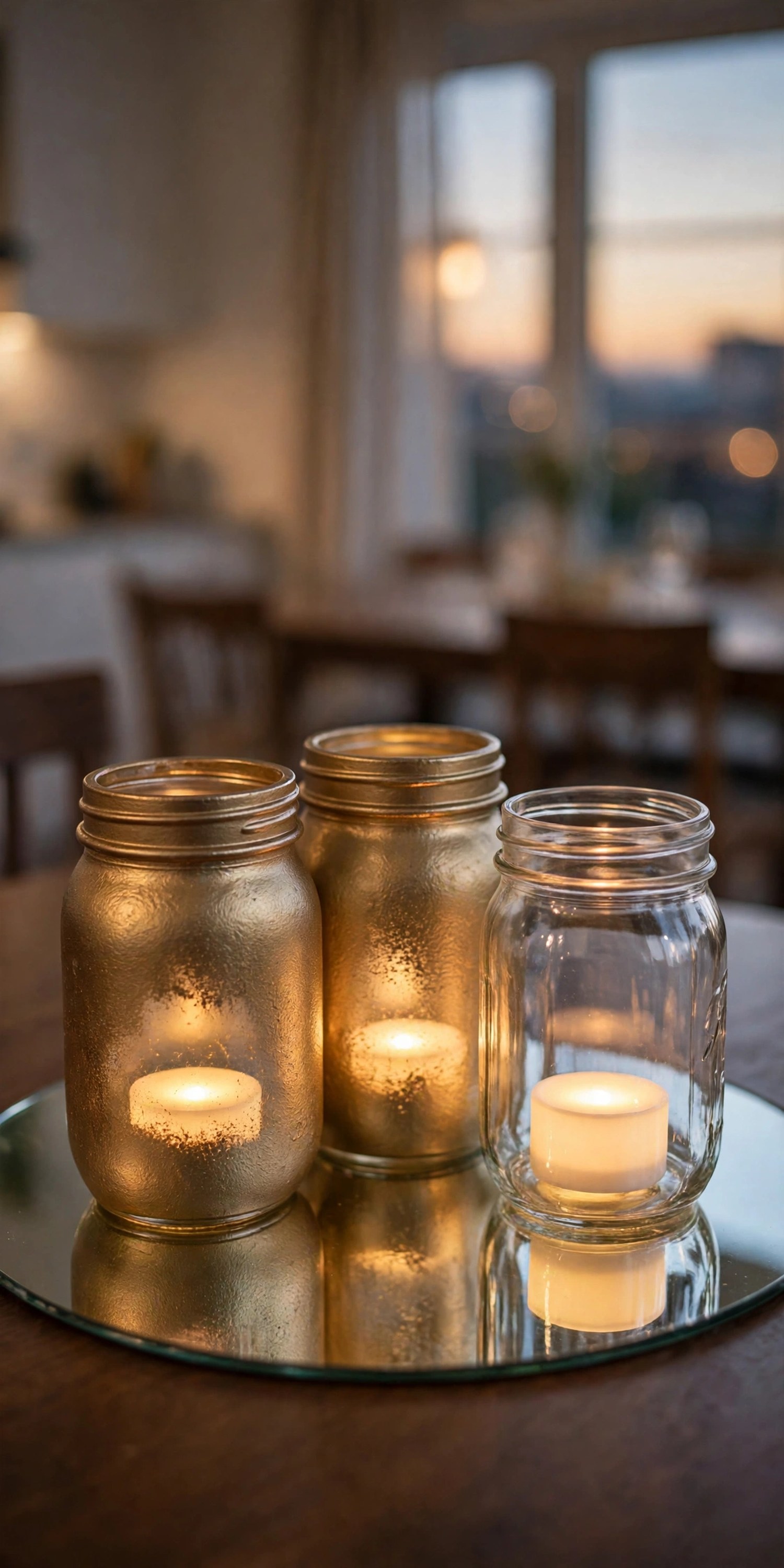 Mason jars spray-painted gold holding tea lights on a mirrored tray