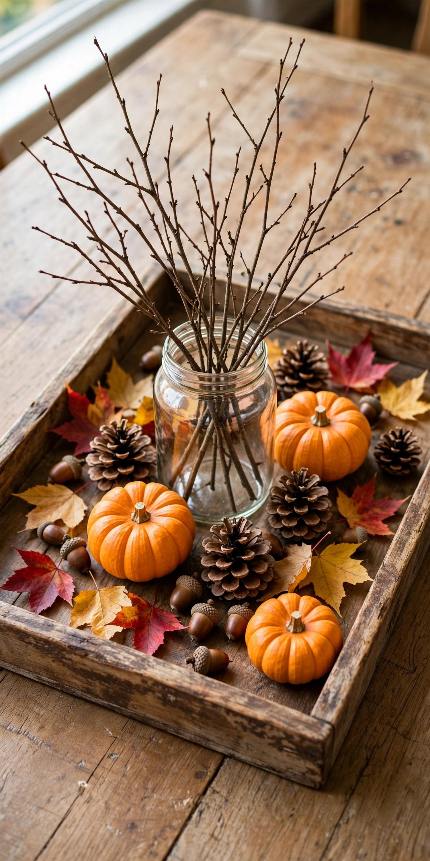 Foraged centerpiece with branches, pinecones, and leaves on a wooden tray