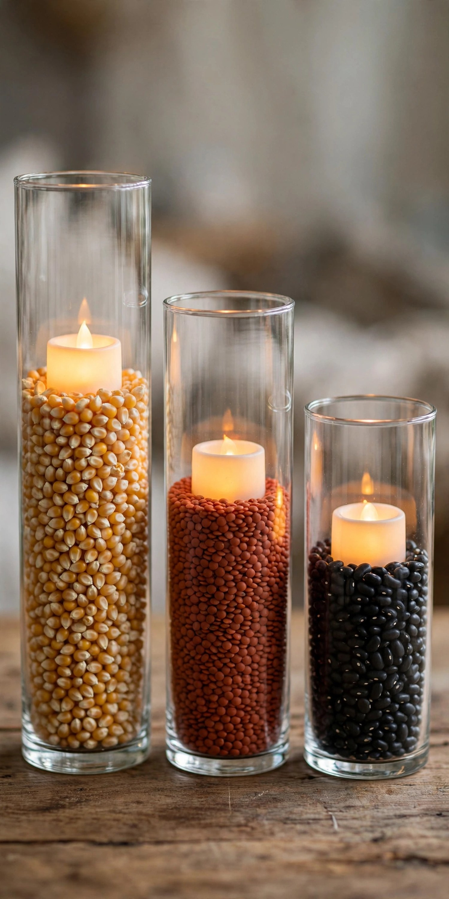 Glass vases filled with popcorn kernels and beans with LED candles