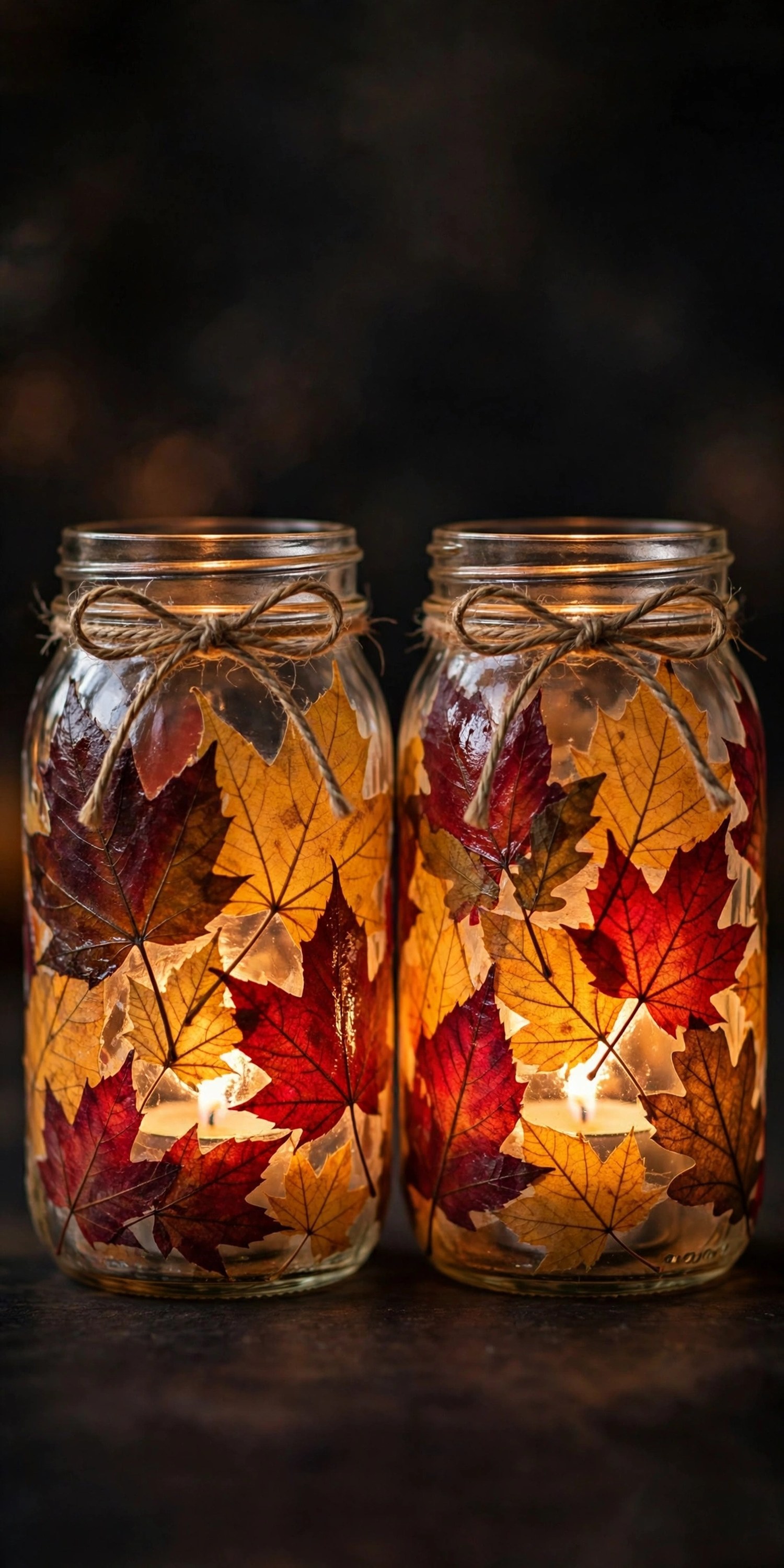 Leaf luminaries glowing from tea lights inside Mod Podge jars