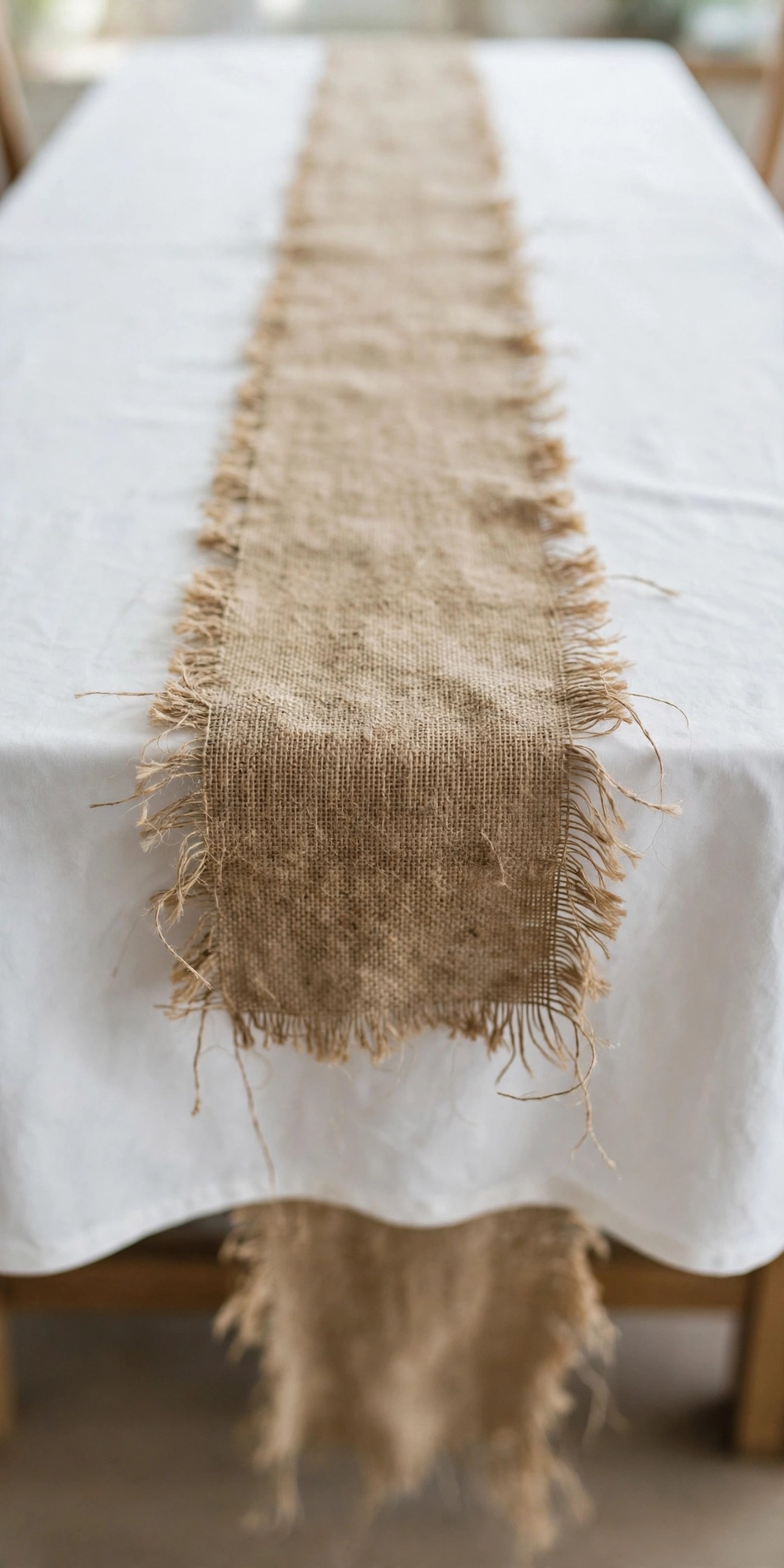 Burlap runner with frayed edges over a white tablecloth