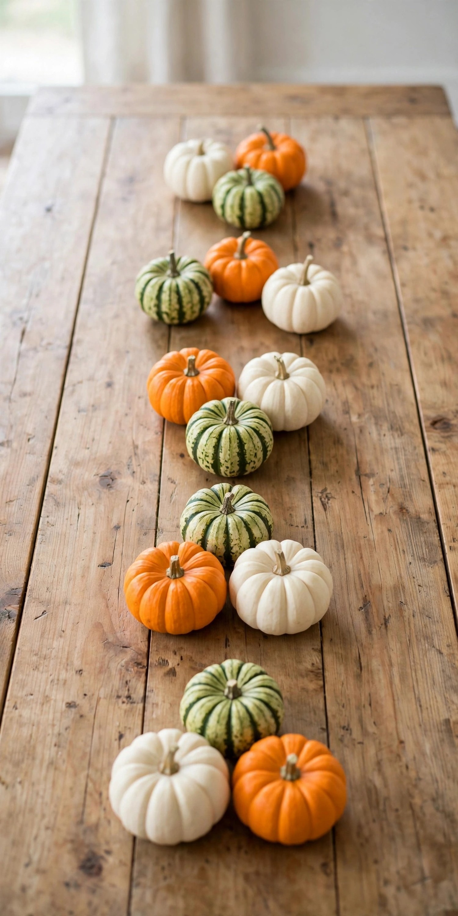 Parade of mini pumpkins in mixed colors down a Thanksgiving table