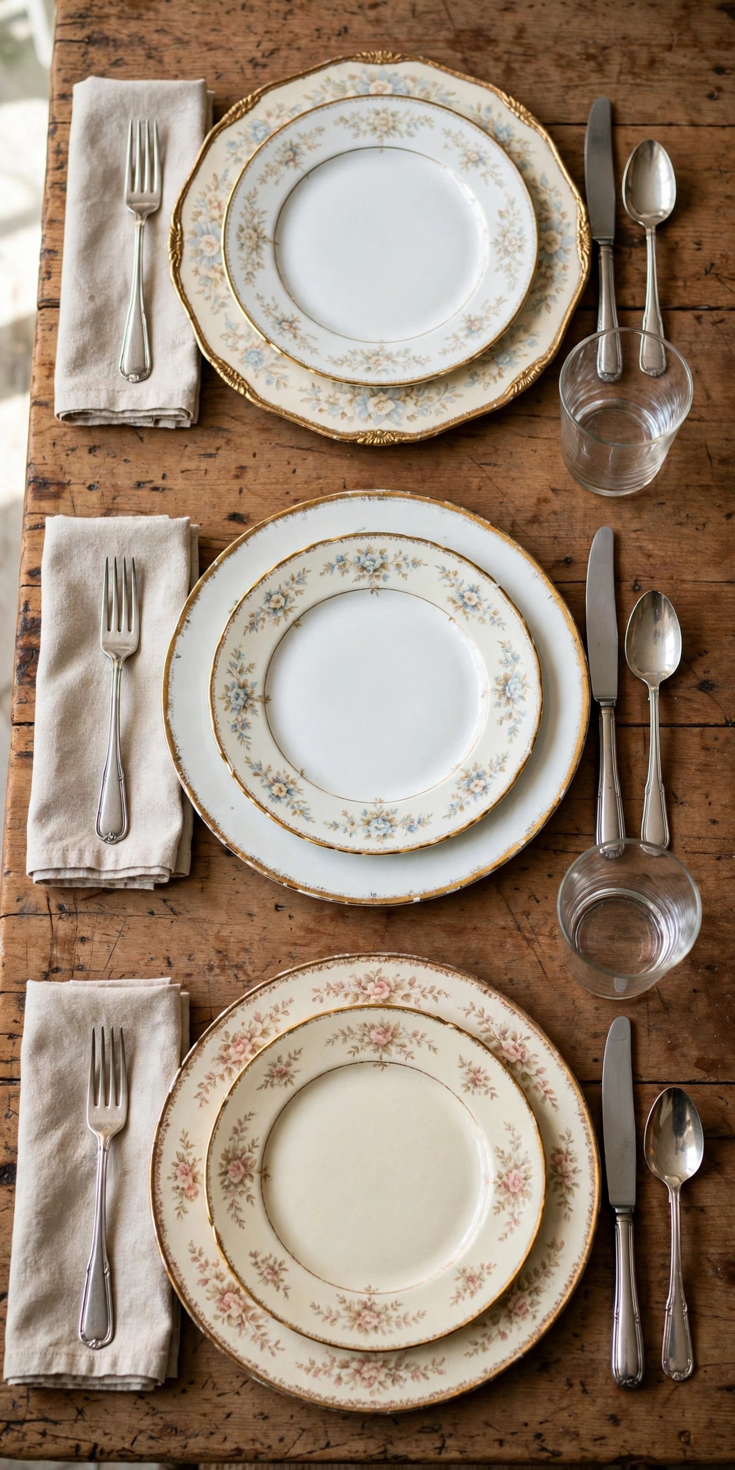 Thanksgiving table with thrifted mismatched gold-rimmed plates