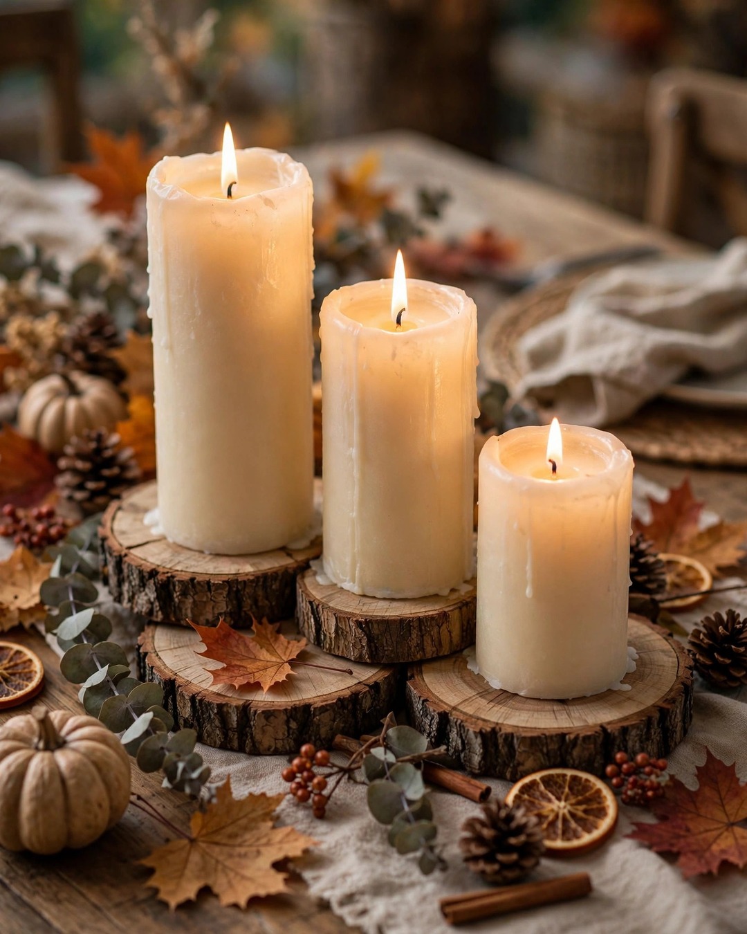 Pillar candles on wood slices, fall dining table centerpiece