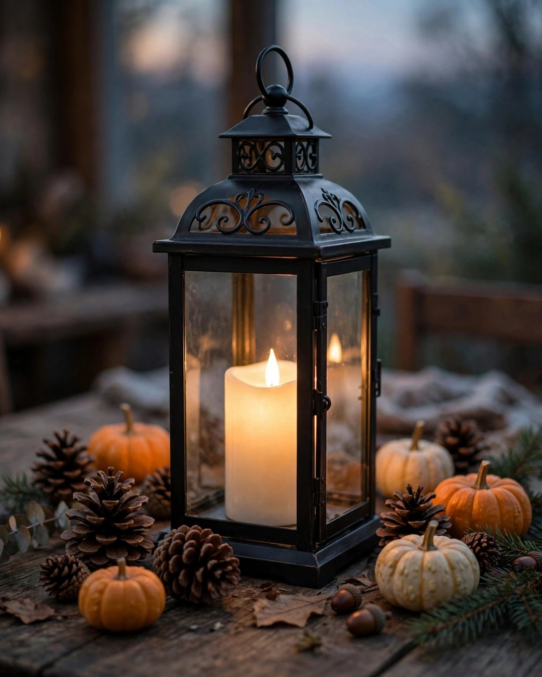 Black lantern with flameless candle as fall centerpiece