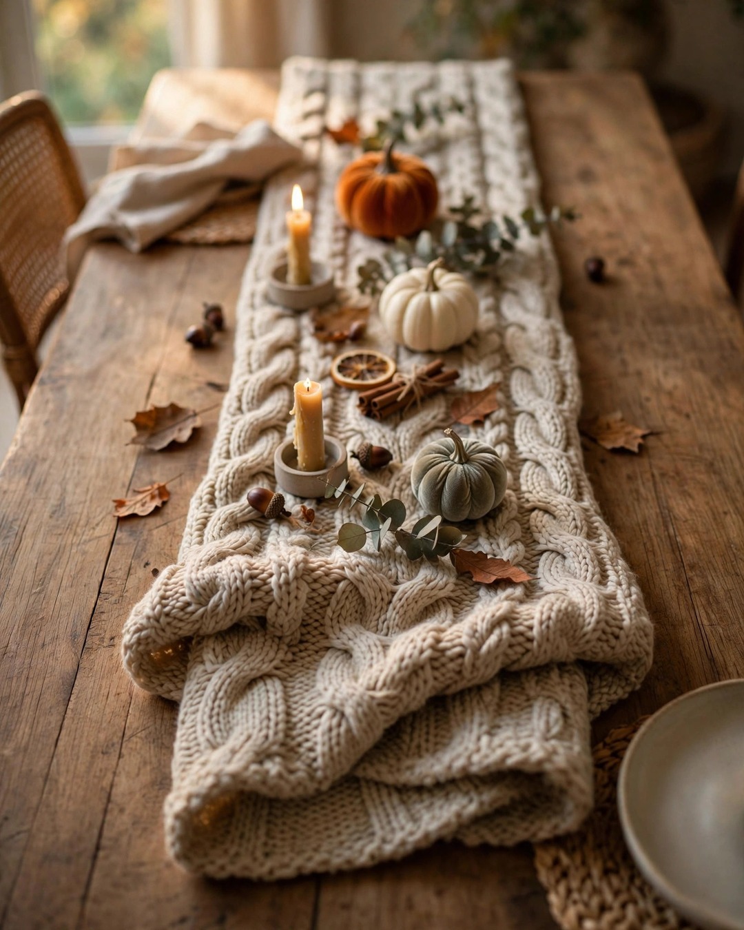 Knit throw used as a runner under a fall centerpiece