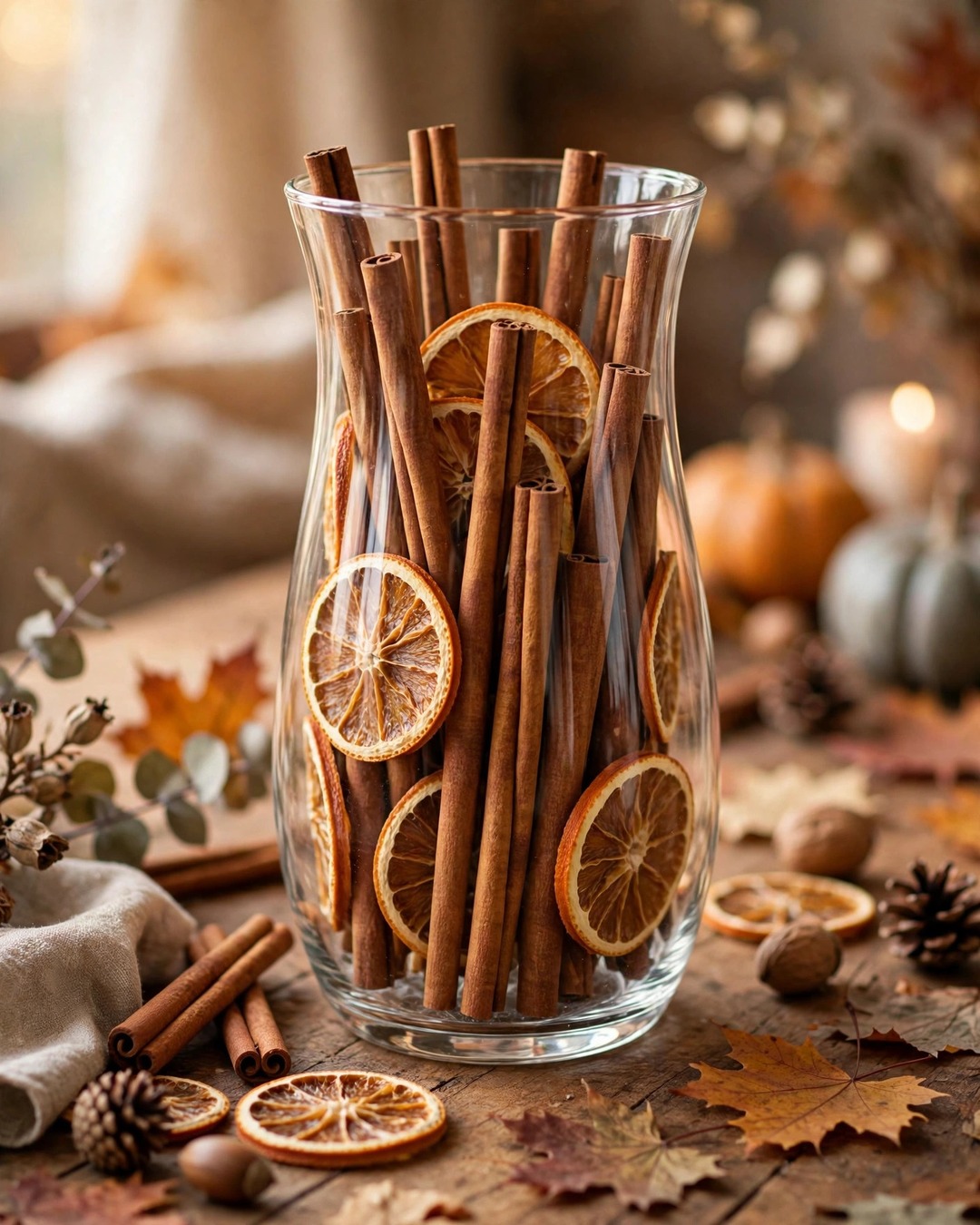 Glass hurricane with cinnamon sticks and dried orange slices