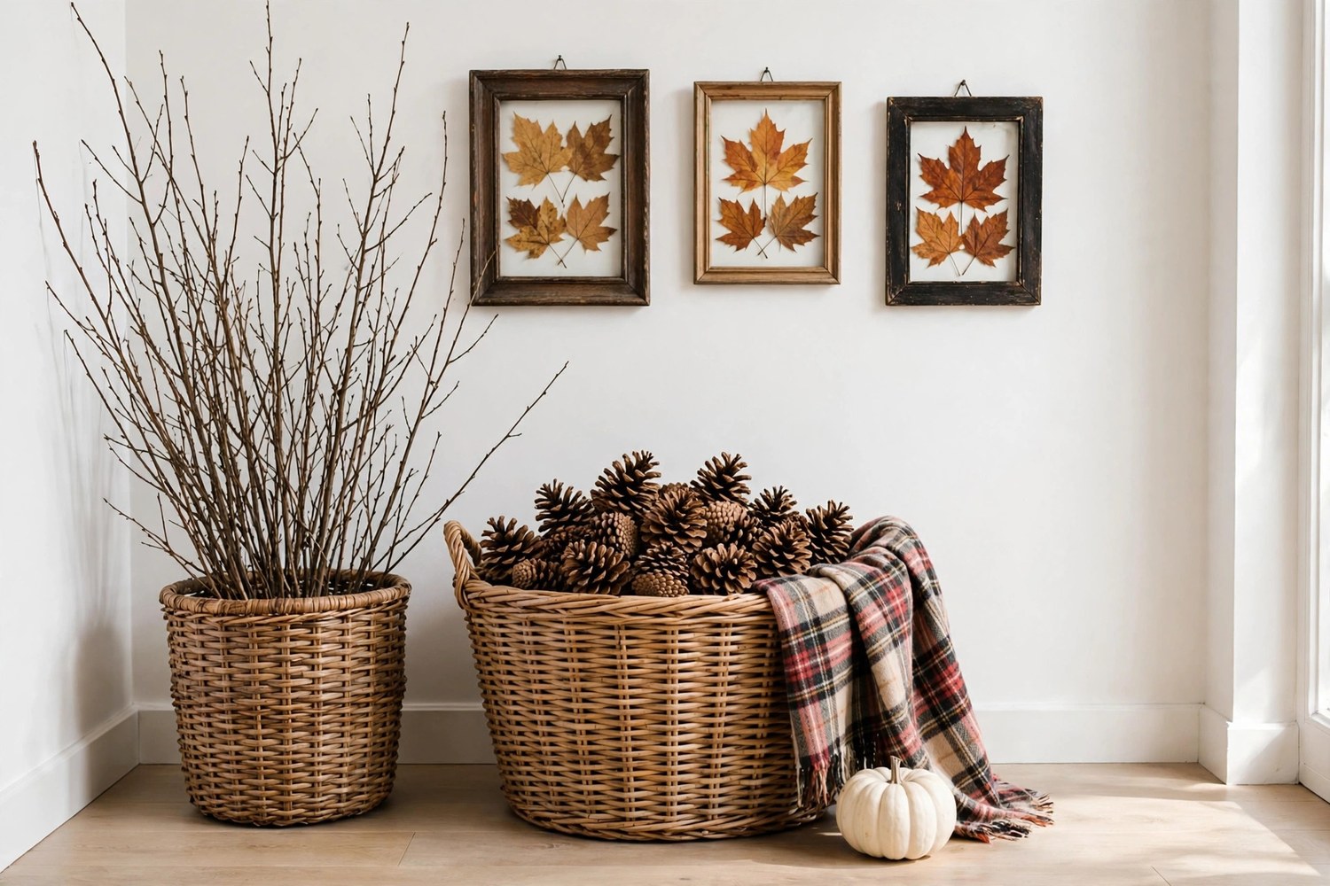 Thanksgiving entryway with foraged branches, pinecone basket, pressed-leaf frames, and a white pumpkin