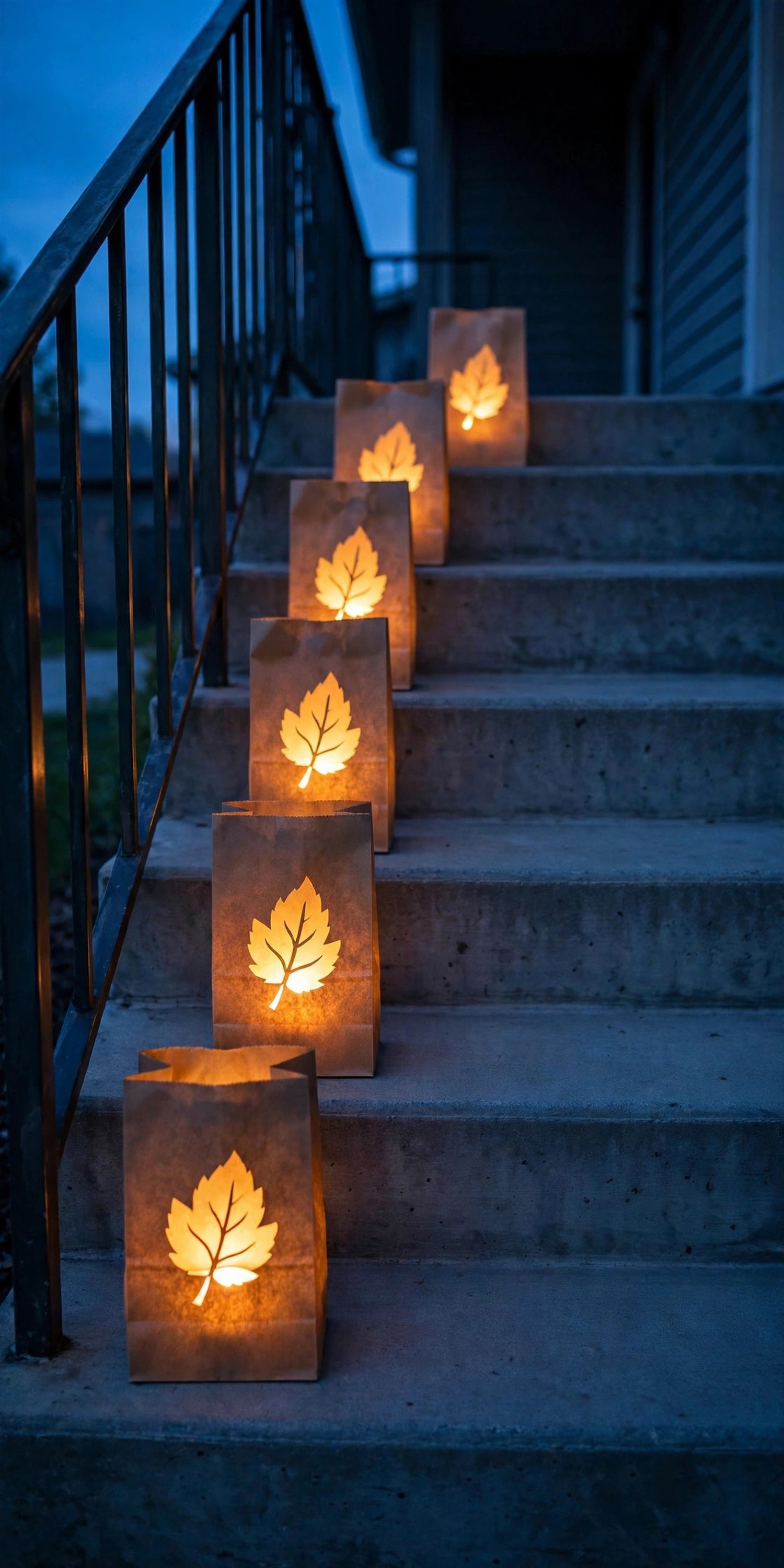 Brown paper bag luminaries with glowing leaf cutouts on porch steps at dusk