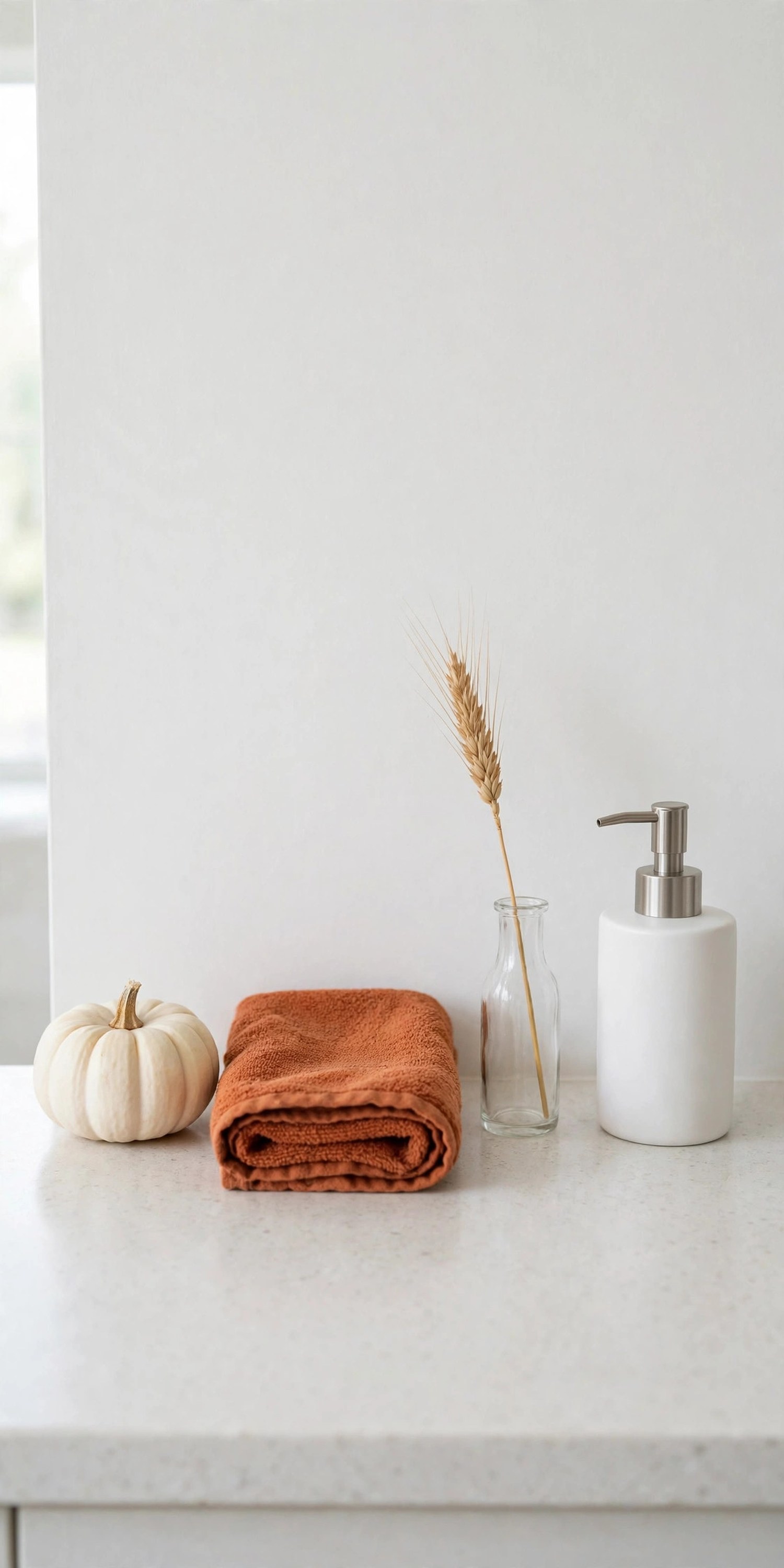 Powder room vanity with a white mini pumpkin, rust hand towel, and wheat stem
