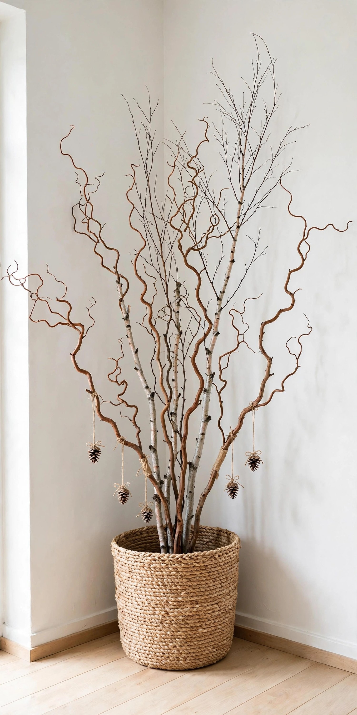 Tall bare branches in a woven seagrass basket with pinecones tied on twine